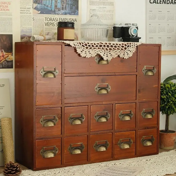 CNCEST 14-Drawer Vintage Wood Grain Cupboard - Drawer Chest Dresser Storage Unit with Label Holders for Home Office, Kitchen Countertop Organization (Old Brown)