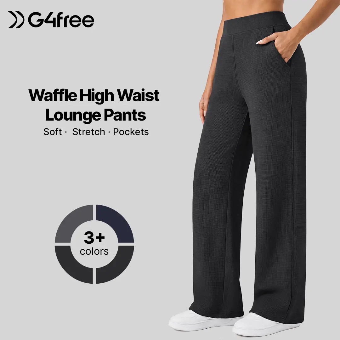 G4Free Women's High Waisted Waffle Wide Leg Casual G4Free Women's High Waisted Waffle Wide Leg Casual PantsPants - Womenswear Bottoms with Pockets for Yoga, Lounge - Womenswear Bottoms with Pockets for Yoga, Lounge Wideleg Black