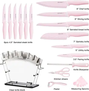 Astercook Knife Set with Block and Sharpener, 22 Piece Kitchen Knife Set Dishwasher Safe, Space-Saving Clear Knife Block with Knives for Everyday Home Cooking Pink