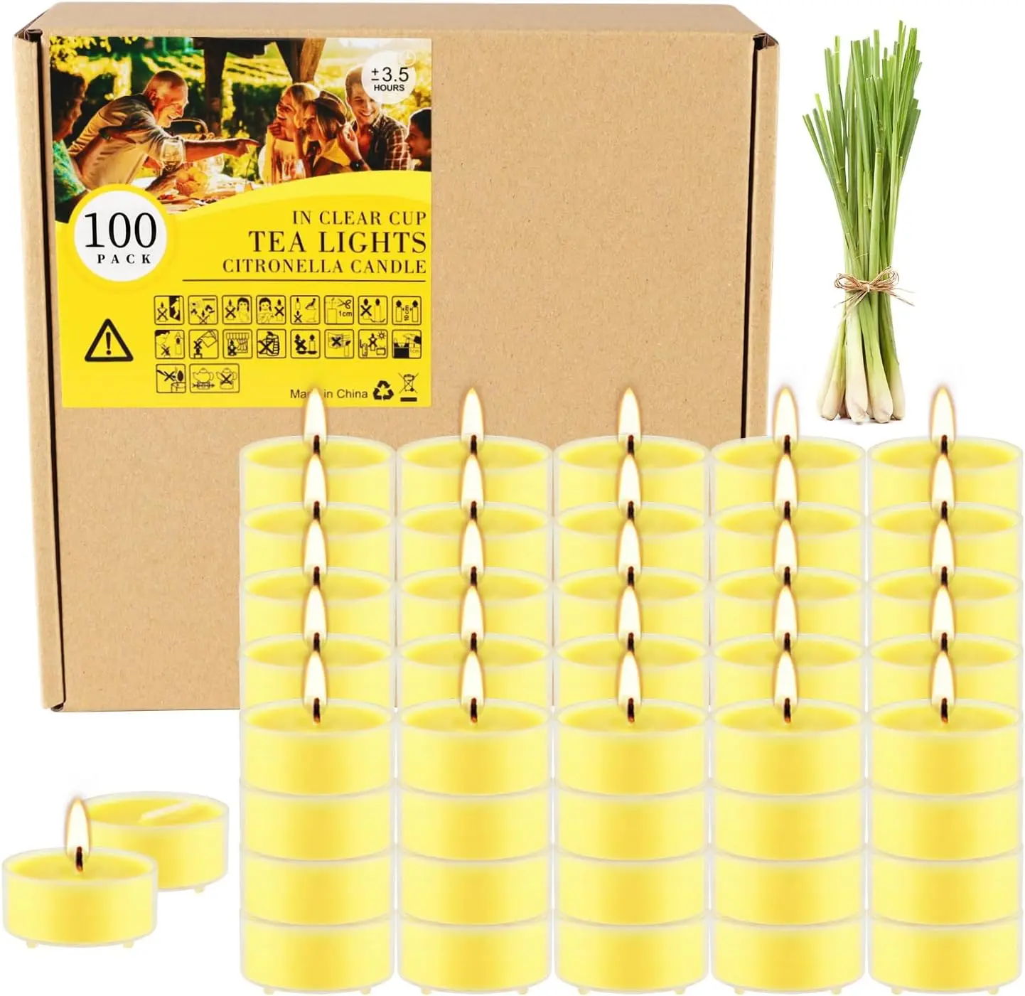 4-Hour 100Pack Yellow Tealight Candles, Outdoor and Indoor Summer Scented Candle, Soy Wax Candle for Home Patio Garden Yard Balcony,BBQ Birthday