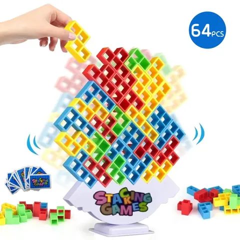 AdorerCare Stacking Game 48/64pcs Tetra Tower Balance Blocks Puzzle Board Games 2 Players+ Family Parties Kids & Adults Team Building Toy Magic Cubes
