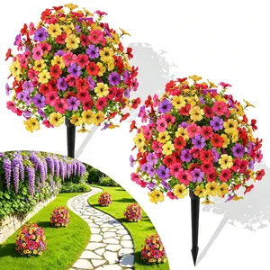 Alupssuc 2Pcs 20" UV-Resistant Artificial Topiary Ball Flowers, 4-Color Mixed Faux Plants with Spike for Outdoor Planters, Garden & Porch Decor, Indoor Fake Bush Spring-Summer Accents