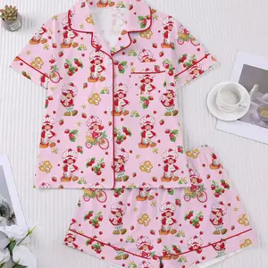 Women’s Strawberry Cartoon Print Pajama Set, Mid Year Sale Short Sleeve Button Down Top + Elastic High Waist Shorts, Soft Breathable Casual Loungewear, Ladies Lightweight Sleepwear for Daily Home Wear Deals For You Day