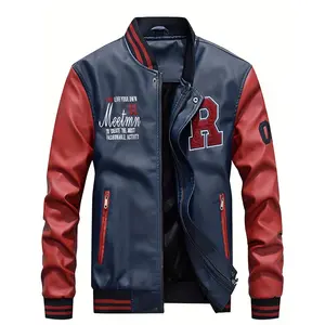 Men's Slim-Fit Long-Sleeve Faux Leather Casual Stand-Collar Baseball Jacket, Menswear Top for Outdoor Activities, Jackets