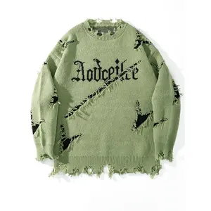 Men's Casual Street Style Sweater - Loose Drop Shoulder Design, Distressed Letter Embroidery and Torn Details, Long Sleeve Pullover Suitable for Autumn and Winter, Medium Stretch Fabric