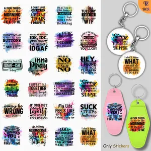 48pcs/4set Colorful UV DTF Self Adhesive Stickers with Humorous Quotes, Durable PVC, Waterproof Keychain Tags for Hotel & Motel, Funny Sayings & Patterns
