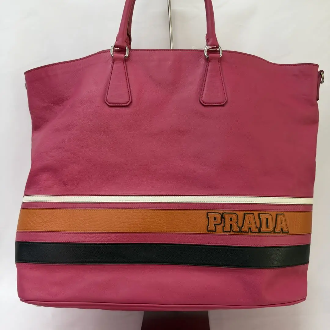 Pre-owned PRADA Large Striped Tote Bag in Pink Leather