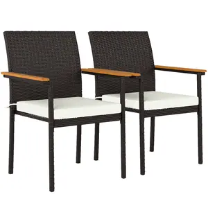 Outsunny Stackable Patio Wicker Dining Chairs Set of 2 with Cushions, PE Rattan Outdoor Dining Chairs with Backrest, Wooden Armrests for Deck, Garden, Cream White