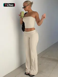 Two-Piece Set Women's Solid Crop Strapless Tube Top & Foldover Waist Flare Leg Pants, Casual Fashion Cozy Outfits for Daily Outdoor Wear, Ladies Clothes for Summer