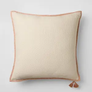 Threshold Designed with Studio McGee Oversized Square Throw Pillow Cover, Cotton Linen Texture with Tassel Trim, Boho Farmhouse Decor, Orange/Cream