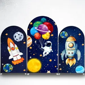15-day 2D Flat Delivery Space Astronaut with Planet Balloons Arch Backdrop Cover for Kids Birthday Party