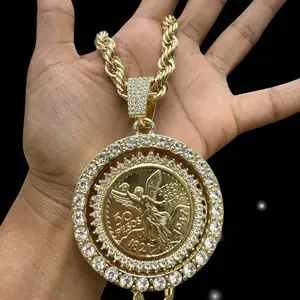 14K Gold Plated 50 Pesos Mexican Centenario CZ Spinner Gold Huge Pendant 3" with Rope Chain 24" 8mm Fashion Chain Unisex Men Jewelry for All Occasions