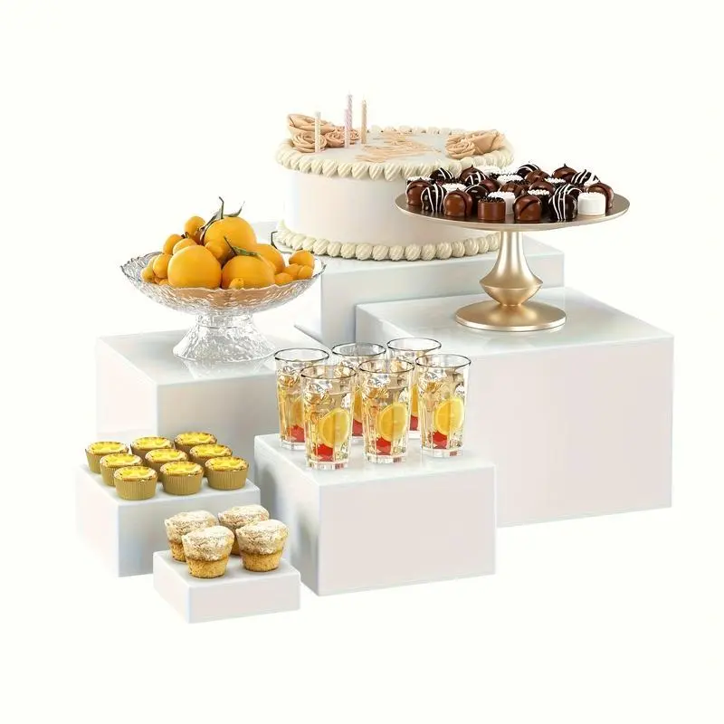 6-Piece Set 3-8 Inch White Acrylic Cube Display Bases - Buffet Stands, Display Risers Stand, Home Decor Display Holders & Storage Boxes, Ideal for Showcasing Jewelry, Accessories, Ornaments, Suitable for Parties, Birthdays