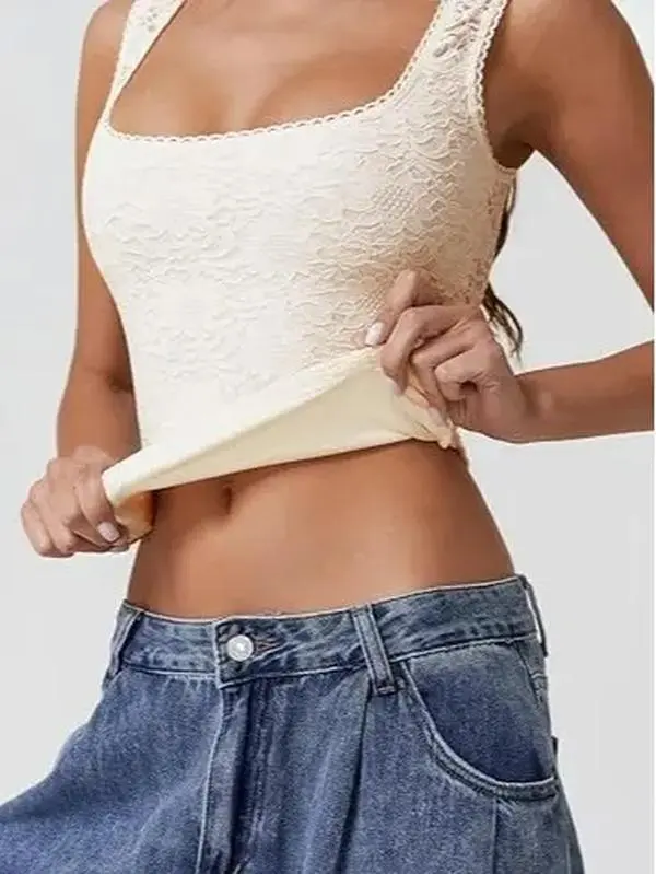 Women's Lace Trim Square Neck Sleeveless Double Layer Tank Top 2026