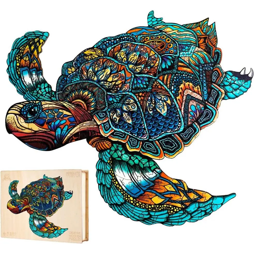 X-JP17 Wooden Puzzles for Adults, Sea Turtle Wooden Jigsaw Puzzles for Adults Kids, Unique Animal Shape Wood Cut Puzzles, Christmas Thanksgiving Gifts for Family Turtle Lover (S-9.1 * 7.7in-100pcs)