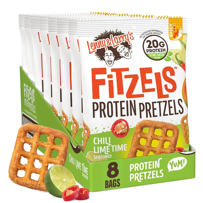 Lenny & Larry's FITZELS Protein Pretzels (Chilli Lime Time) 8 Individual Bags 3 oz Each – High Protein Snacks with 20g of Plant Based Protein – Healthy Vegan Pretzels – Delicious Salty Taste