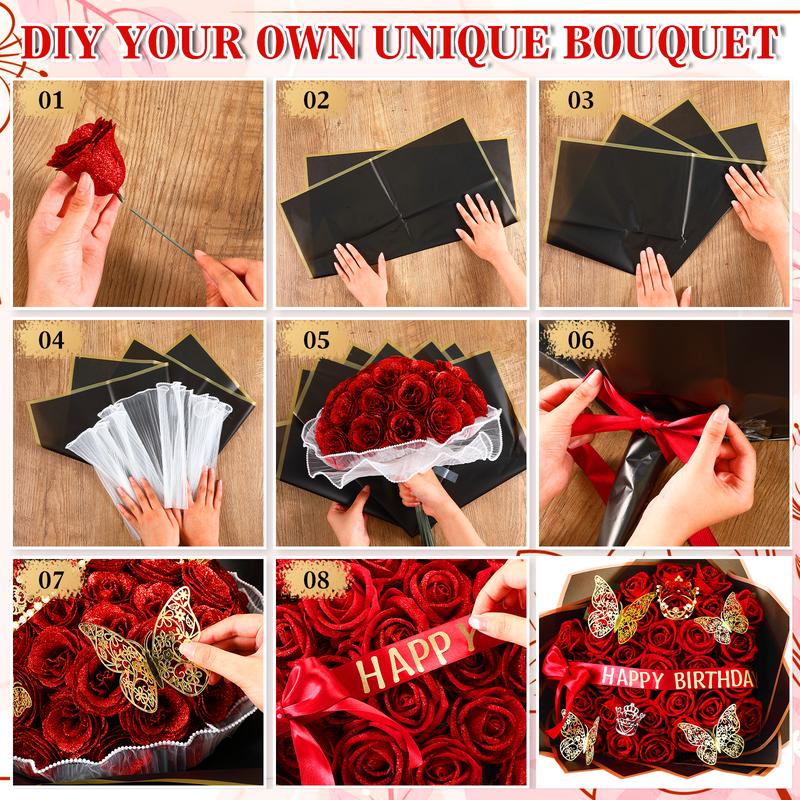 24/36 Pcs Valentine Gift Glitter Roses Bouquet Set DIY Fake Flowers Bouquet with 3D Butterflies Crowns Alphabet Stickers & Ribbons for Girlfriend Wife Mom Friend Women Gift Perfect for Valentine's Day Birthday Engagement Wedding Anniversaries Graduation