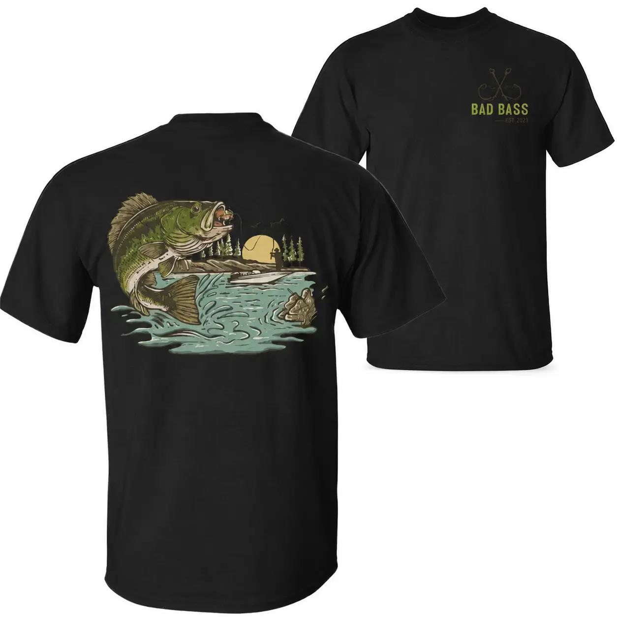 Bad Bass Fishing Co T-Shirt, Bass Fishing Graphic Tee for Men, Large Mouth Bass Lake Design Shirt, Fisherman Gift Idea, Outdoor Fishing Apparel, Lake Life Shirt Unisex Casual Top - KitchenEra