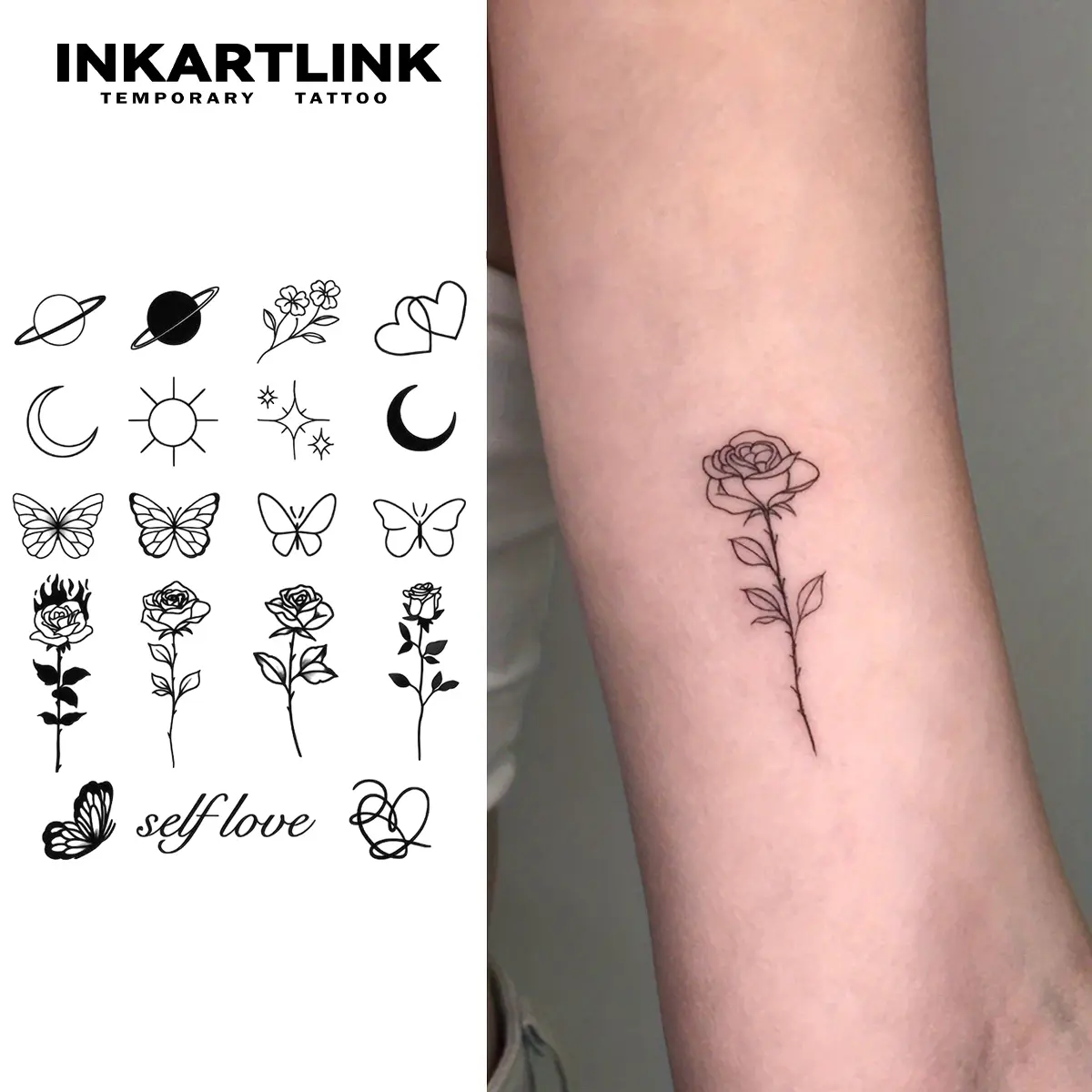 INKARTLINK Tattoo Tech, 2 Sheets Semi-Permanent Temporary Tattoos,Self Love Tattoo, Adult Art Design,Lasts 1-2 Weeks, Waterproof, Realistic Look, No Adhesive, No Reflection,For Man And Woman,Ideal for Swimming, Party