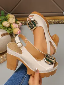 New Chunky Heel Metal Buckle Hollow Out Rivet Back Vent Wide Size Sandals, Mule High Heels, Women Fish Mouth Shoes, Thick Sole Comfortable Daily Wear