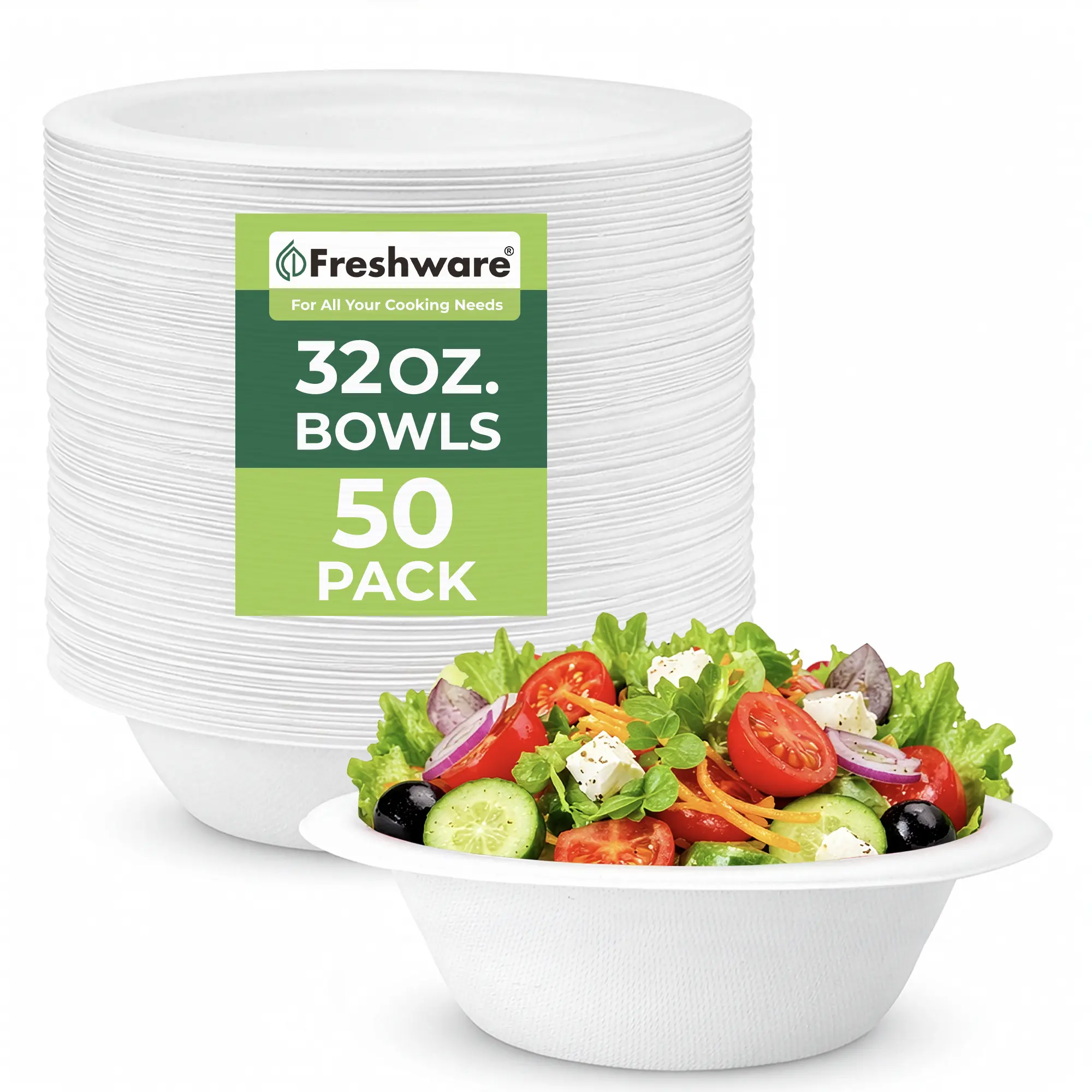 FRESHWARE 32oz Bamboo Compostable Bagasse Paper Bowls (50 Pack) - Heavy-Duty, Leak-Proof, Solid, Microwave-Safe, Freezer-Safe, Plant-Based Eco-Friendly Disposable Bowls for Business, Parties