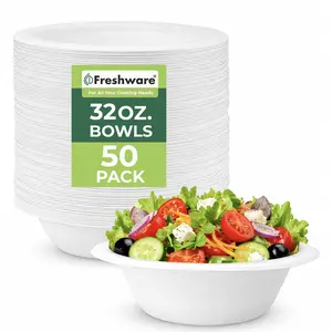 Freshware 32oz Compostable Paper Bowls (50 Pack) – Heavy Duty Bagasse, Leakproof, Microwave & Freezer Safe, Eco-Friendly Soup & Meal Bowls