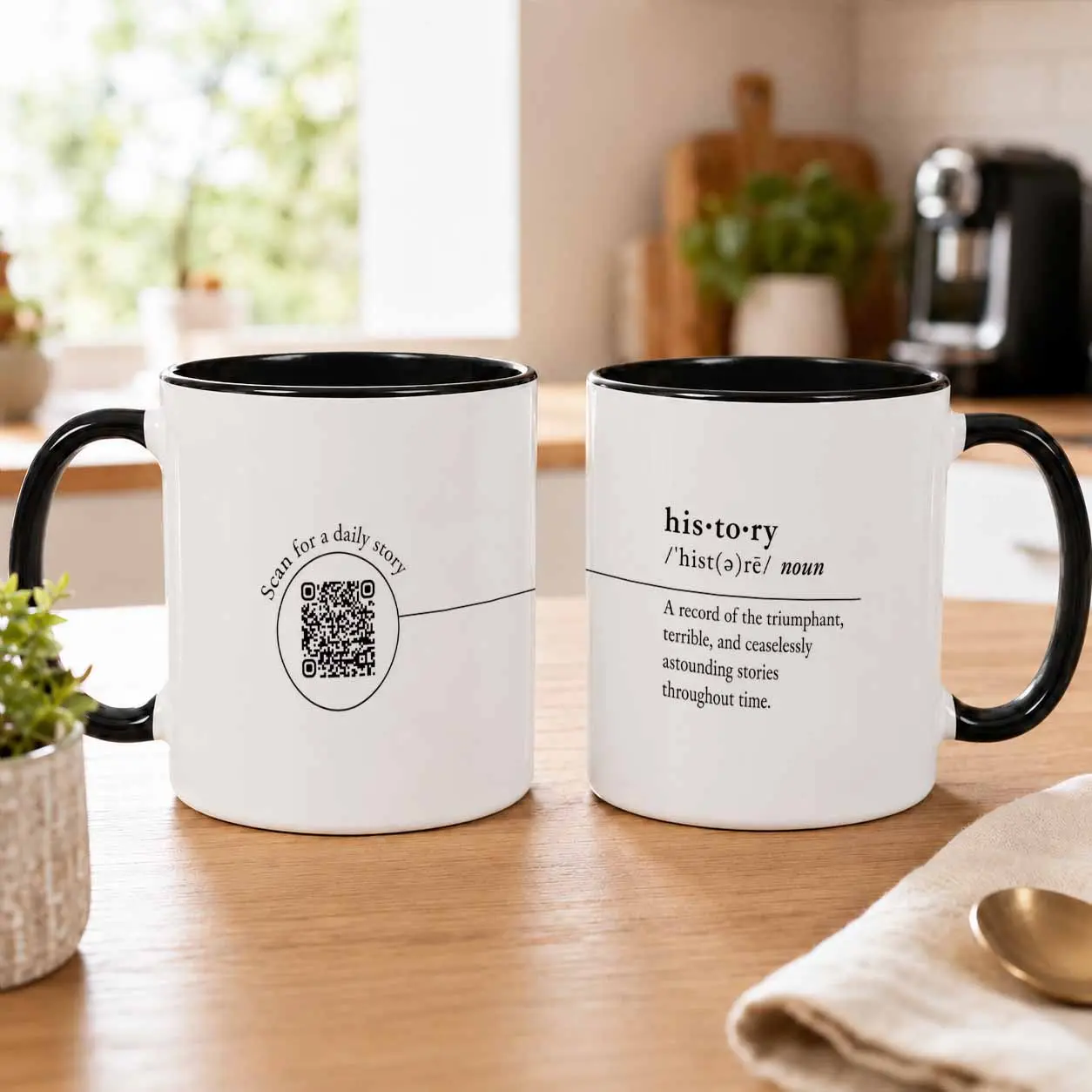 History Definition Mug(11oz/15oz)， QR Code Typography Print， Minimalist Ceramic Coffee Cup， Durable Dishwasher Safe Gift for Office Study Library Classroom Book Lovers
