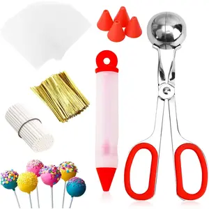 Cake Pop Kit, Including 100 Cake Pop Sticks and Wrappers, 100 Twist Ties, 1 Cake Pop Scooper and Decorating Pen, Cake Pops Making Tools for , Candies, Chocolates and Cookies,red