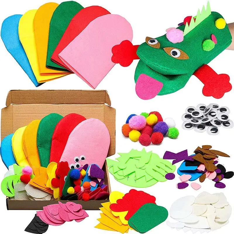 Hand Puppet Making Kit, 1 Set Art Craft Pompoms Felt Sock Puppet Toy, Creative DIY Making Party Supplies Gift, Crafting Supplies