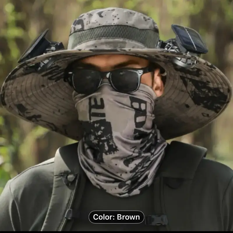 2025 New Summer Outdoor Solar Power Fan Shade Sun Hat Fishing Hat Brown Color Camouflage Design for Men