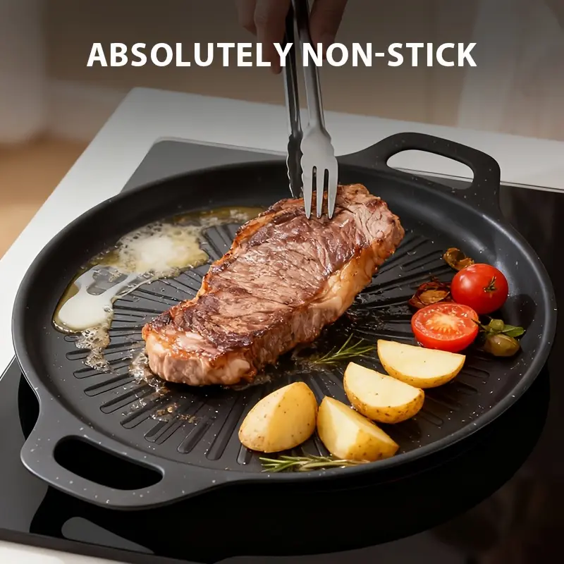 Nonstick Grill Pan, Cast Iron Pan, Durable BBQ Griddle with Even Heat, Oil Drain Groove & Double Handles. Multi-Function Induction Grill Pan, Easy Clean, Portable Camping Frying Pan for Outdoor Cooking, Family Gatherings & Restaurant Use