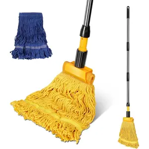 Industrial Mop, Commercial Mop for Floor Cleaning Heavy Duty, Cotton Mop Looped-End String Wet Mop with 2 Mop Heads for Home, Garage, Office Floor Cleaning (Yellow-Blue)