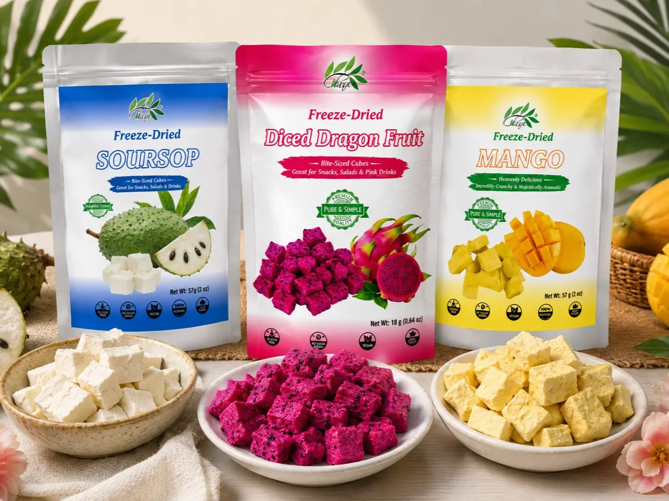 CHAVI Freeze-Dried Tropical Fruit Variety Pack - Soursop, Dragon Fruit, Mango - 3 x 2 Oz Bags - Natural Vitamin & Fiber Healthy Superfood Snack - No Added Sugar, Non-GMO, Vegan, Gluten-Free