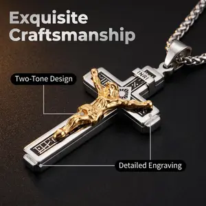 60cm Stainless Steel Wheat Chain Cross Necklace for Men, Two-Tone Gold Jesus INRI Double-Layer Cross Pendant (6mm × 3mm). Hip-hop religious jewelry, waterproof daily outfit accessory for men, hypoallergenic wearable jewelry gift for everyday wear.