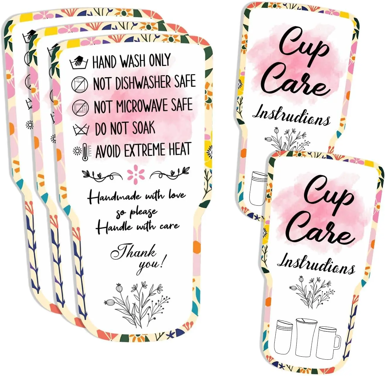 Tumbler Care Instruction Cards,50 Pack  Glitter Cup Care Inserts, Double-Sided Glass Mug Cleaning Cards for Small Business Packaging, Thank You Tags for Handicraft Workshops (Cup Care-)