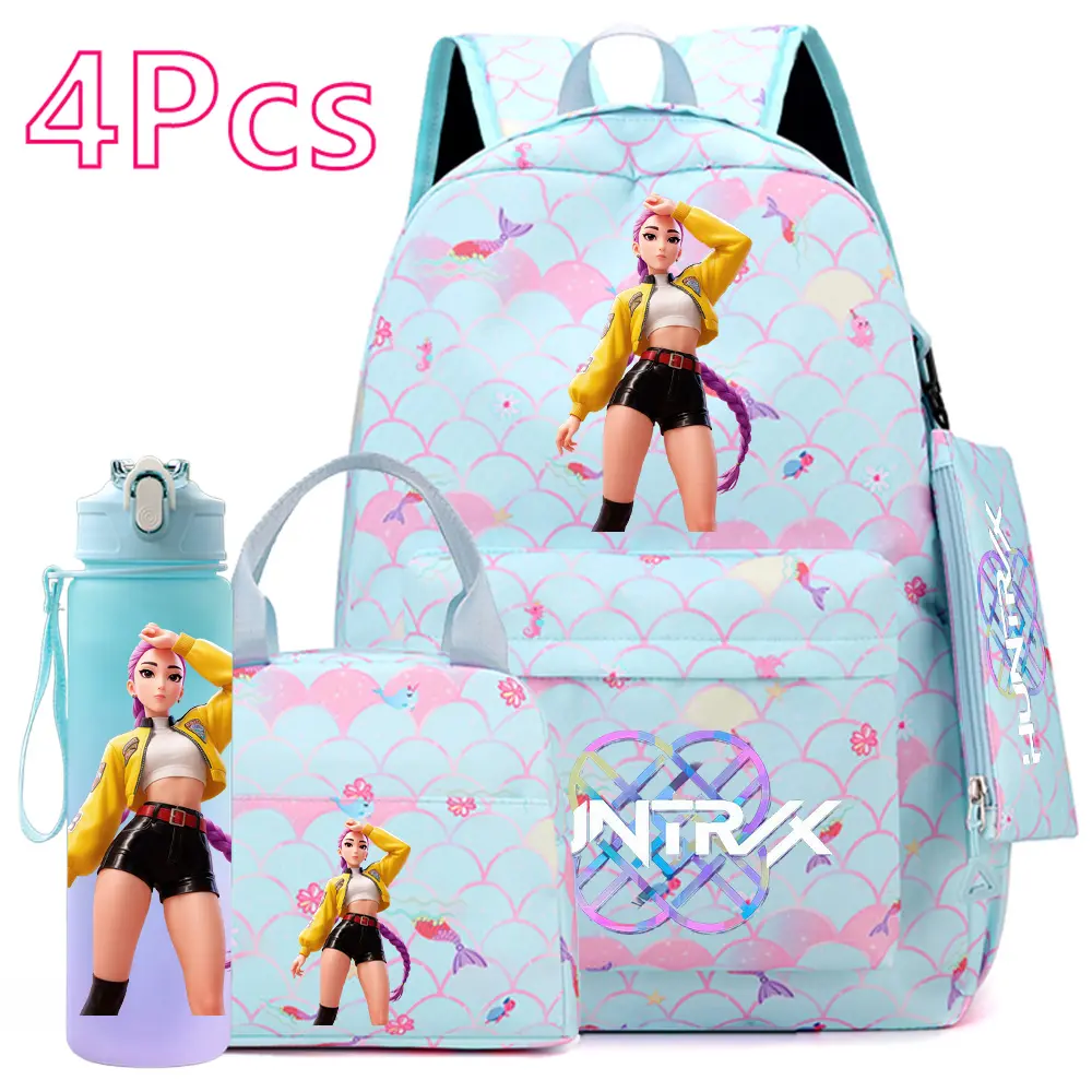 4PCS KPop Demon Hunters Rumi Backpack Set for Girls and Teens, Aqua Back to School Bookbag, Anime KPop Gift for Students