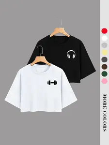 Fitness Style Short Sleeve Top, Dumbbell Print Loose Fit Sporty T-Shirt, Round Neck, Casual Wear, Suitable for Gym, Daily, Street, Campus