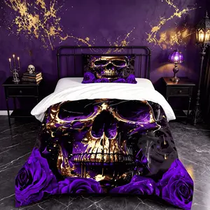 2/3‑Piece Luxury Purple‑Gold Gothic Skull & Rose Duvet Cover Set, Digital Print Bedding, Without Insert, Dark‑Aesthetic Bedding for Gothic Enthusiasts, Bedroom Decor & Halloween Gifts