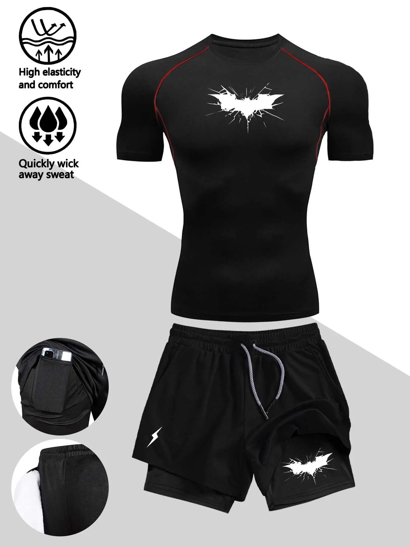 Men's Two-Piece Sports Activewear Set, Lightning Bat Print, Breathable Quick-Dry Polyester, Round Neck Short Sleeve, Slim Fit, Pockets, Medium Elasticity