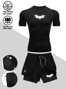 Men's Two-Piece Sport Set, Lightning Bat Print, Breathable Quick-Dry Polyester, Round Neck Short Sleeve, Slim Fit, Pockets, Medium Elasticity
