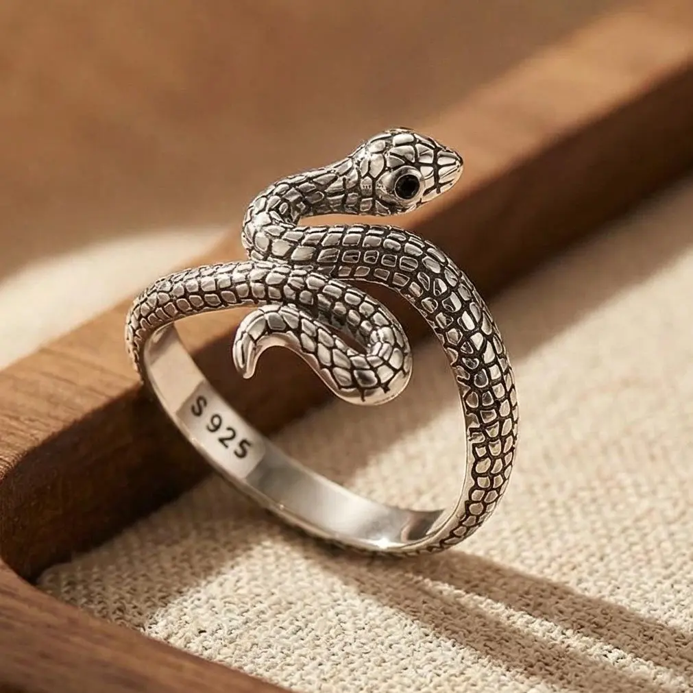 S925 Vintage Snake Open Ring with Adjustable Unique Texture and Bold Design, Trendy Punk Style Jewelry and Unisex Gift for Friends, Pagan Black Witch Lilith Symbolic Jewelry