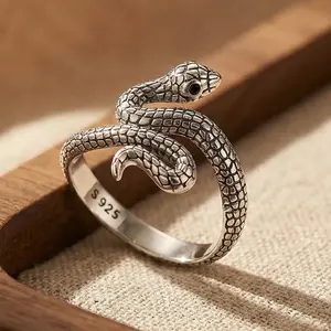 S925 Mother's Day Vintage Snake Open Ring with Adjustable Unique Texture and Bold Design, Trendy Punk Style Jewelry and Unisex Gift for Friends, Pagan Black Witch Lilith Symbolic Jewelry