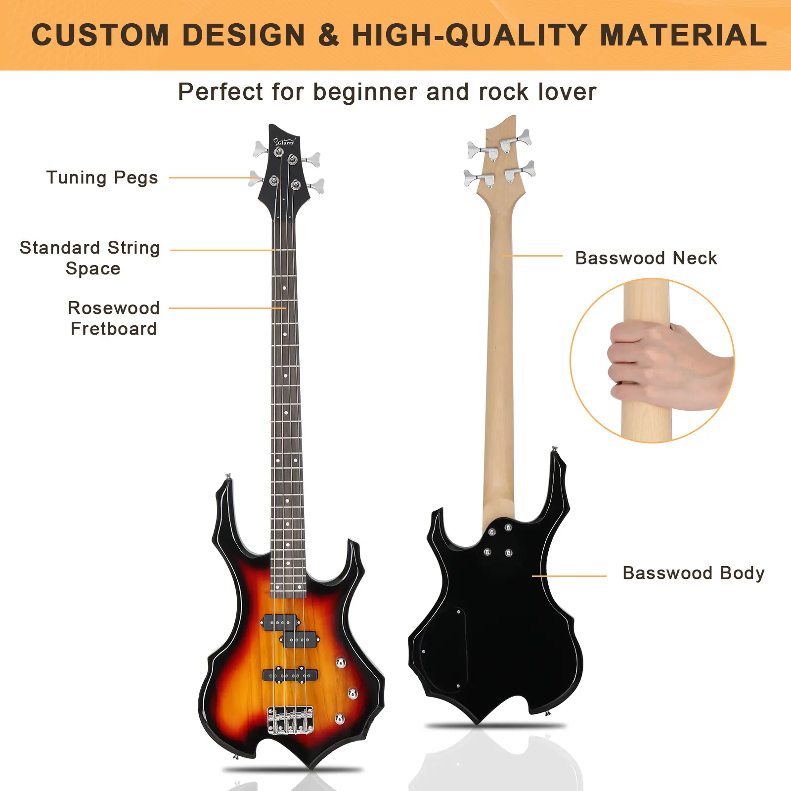 GLARRY 4-String Full-Size Burning Flame Electric Bass Guitar for Beginner Right-Hand Players - Solid Basswood Body, Maple Neck, Rosewood Fretboard, Portable Bag, Shoulder Strap, Amplifier Cord, Versatile Compatibility, Premium Tone & Complete Accessories,