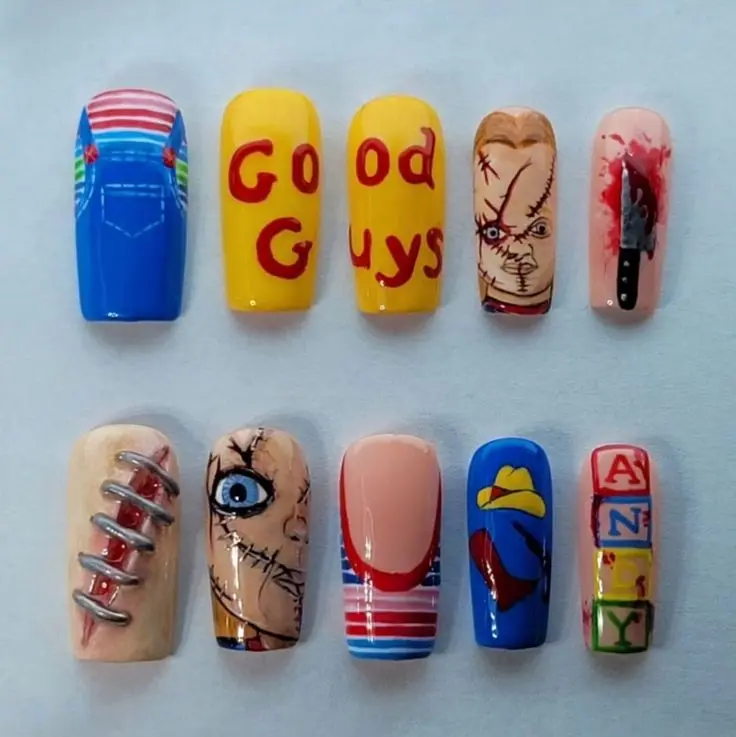 Chucky Press On Nails, Child's Play Horror Nails, Handmade Hand Painted Good Guys Nail Art, Bloody Knife Scarred Character Reusable Fake Nails | Gift Set (Adhesive Tabs, Nail File, Cuticle Stick)