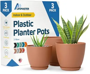 Plant Pots with Drainage Holes & Saucers 3 Pack, Indoor & Outdoor Stackable Space-Saving Planters for Houseplants & Flowers, (7", 6.7", and 6" Inches), Durable & Weatherproof Materials