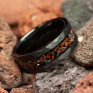 Dinosaur Bone & Meteorite Hammered Black Tungsten Men's Wedding Ring Comfort Fit - 8mm