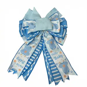Baby Shower Wreath Bows, Blue White Stripe Bows for Wreath Baby Blue Decorative Bows for Front Welcome Home Shower Ornaments Hanging Wreath Bow for Indoor Outdoor Decor