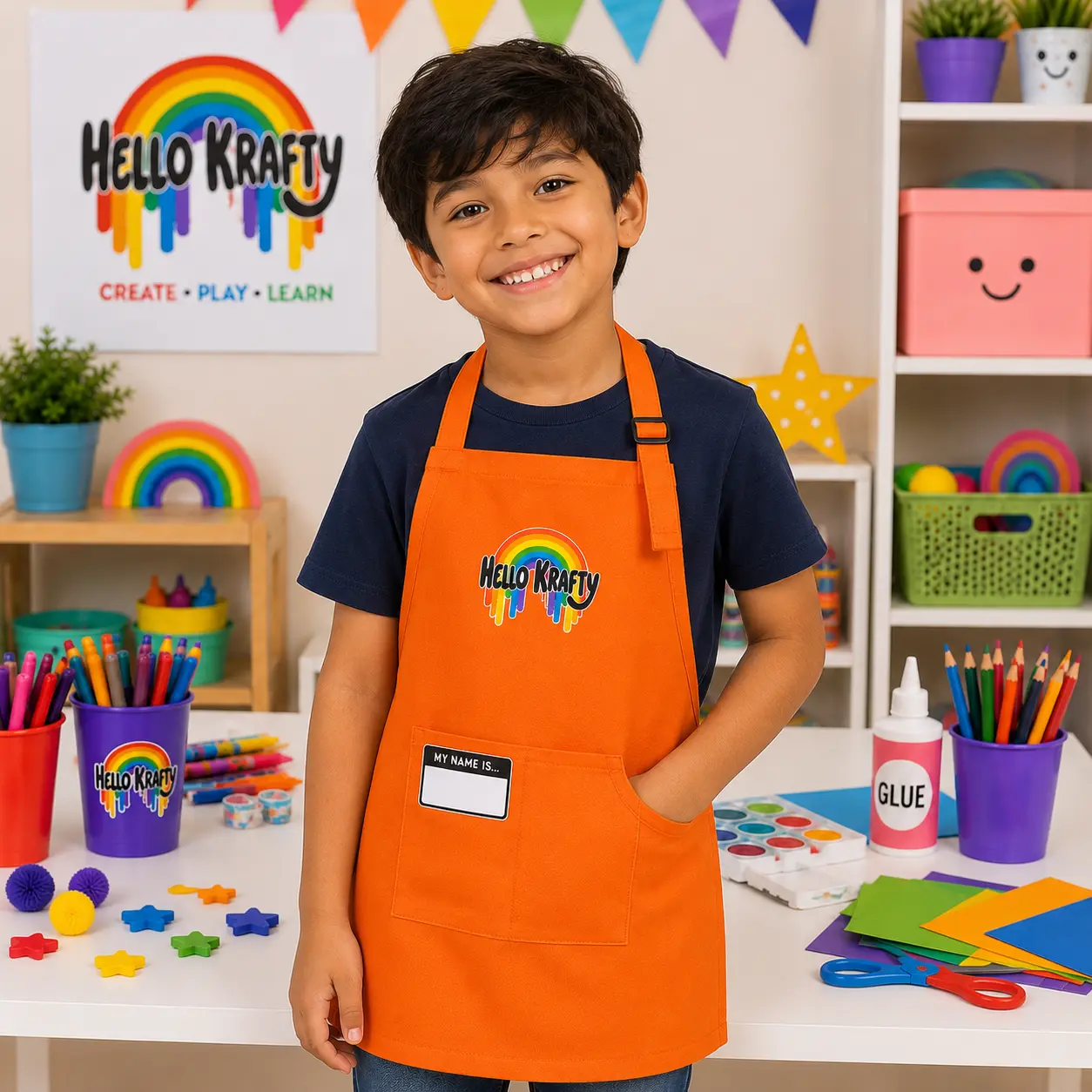 Hello Krafty Kids Adjustable Waterproof Art & Craft Apron (1) for 5-10 Year Old Children – Mess-Free for Crafts, Cooking Play