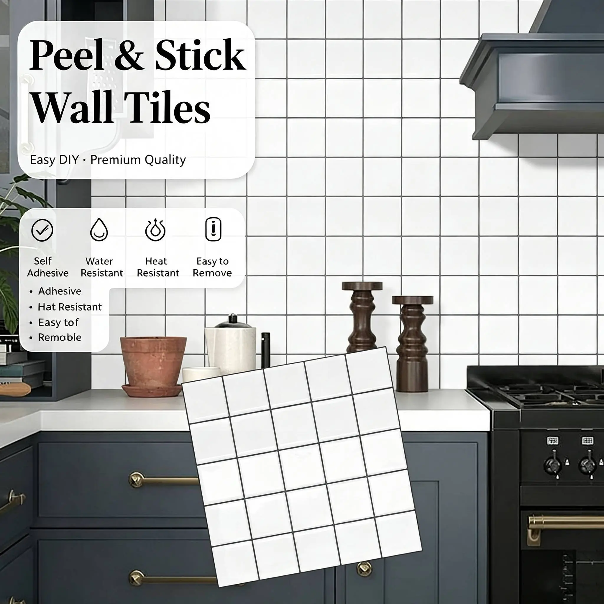 MOONFUN 10Pcs 12x12in Square Peel-and-Stick 3D Glossy Grid Faux Tile Wall Stickers, Self-Adhesive Waterproof Renter-Friendly Backsplash for Kitchen, DIY Home Renovation & Farmhouse Modern White Decor