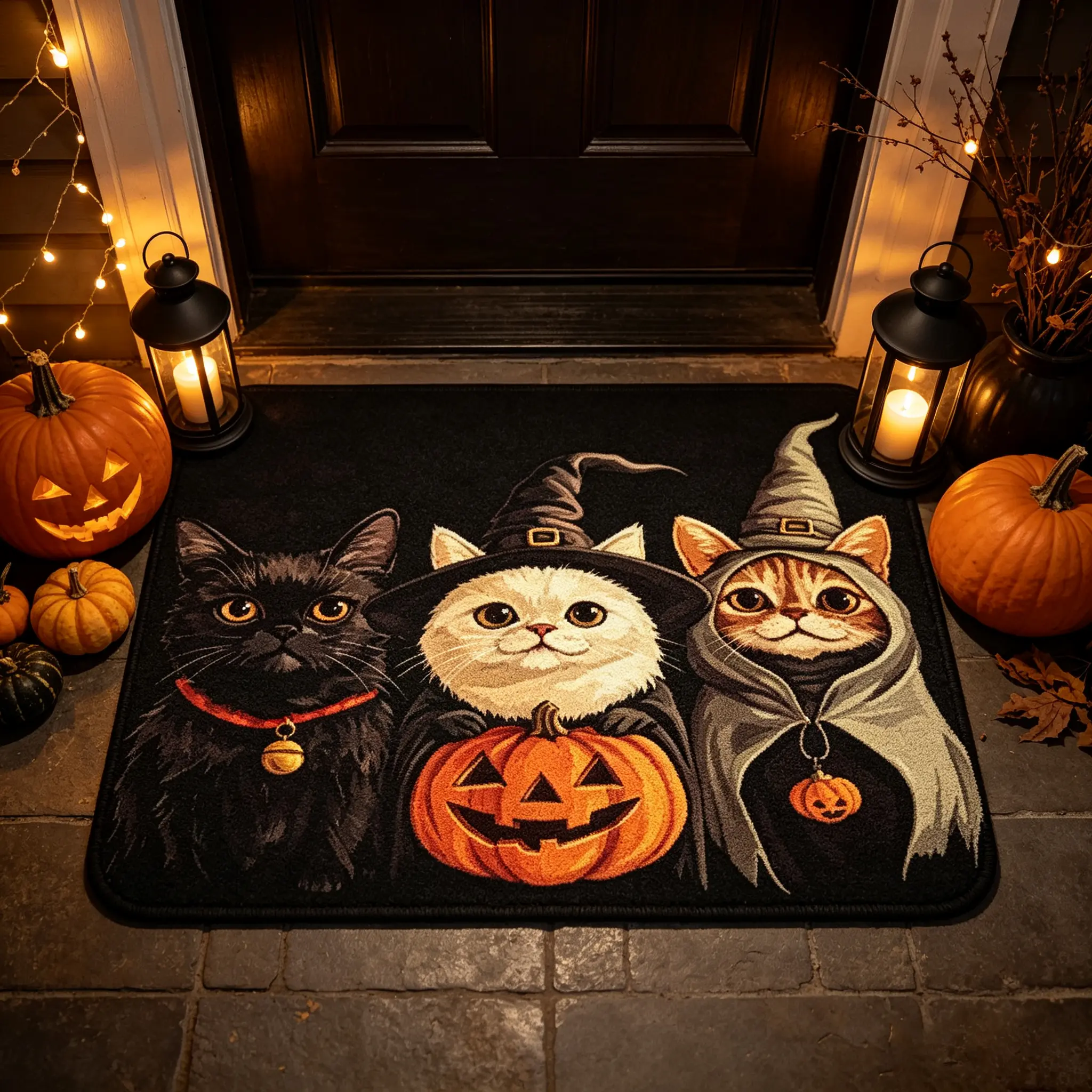 Halloween Cute Wizard Cat Pumpkin Doormat - Soft, Absorbent, Non-Slip Textile Mat for Indoor-Outdoor Doorways, Bathroom, Kitchen Holiday Decor